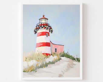 Christmas Lighthouse Painting: Coastal Holiday Wall Art (Digital Download)