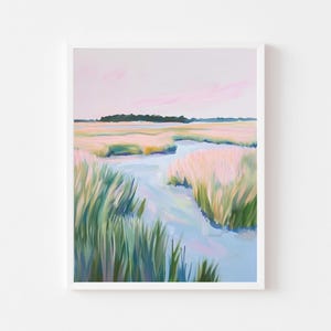 Aquarelle pastel marais | Impression d&#39;art mural paysage du Lowcountry de la Caroline | Impression côtière colorée | Maison de plage en téléchargement numérique