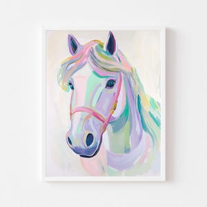 Rainbow Horse Painting | Magical Girl's Room Wall Art Print | Pink Whimsical Playroom Digital Download | Pastel Carousel Nursery Printable