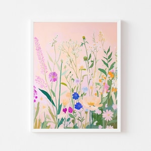 Pink Wildflower Field Painting | Pastel Landscape Wall Art Print | Colorful Floral Scenery Digital Download | Girl&#39;s Room Meadow Printable