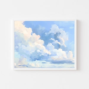 Könnte beinhalten: Ein Gemälde eines blauen Himmels mit flauschigen weißen Wolken. Die Wolken sind in einem lockeren, impressionistischen Stil gemalt, was dem Gemälde ein weiches und verträumtes Gefühl verleiht.