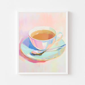 Pastell Kaffeetasse Gemälde | Bunte Teetasse Wand Kunst | Girly Aquarell Tasse Digital Download | Rosa Adretter Restaurant Cafe druckbar