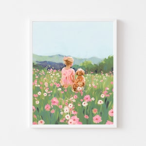 Blonde Girl and Goldendoodle Painting | Colorful Heaven Wall Art Print | Wildflower Meadow Puppy Printable | Pastel Pet Dog Digital Download