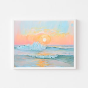 Pastell Sonnenuntergang Meer Landschaft Gemälde: Strandhaus Kunstdruck (Digitaler Download)