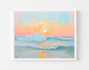 Pastel Ocean Seascape | Orange Coastal Sunset Painting | Pink Beach House Wall Art Print | Colorful Digital Download | Summer Lake Printable