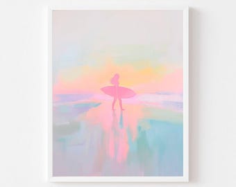 Pink Surfer Girl Art Print: Preppy Coastal Decor (Digital Download)