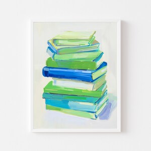 Lámina decorativa con pila de libros azules y verdes: Decoración colorida para el rincón de lectura (Descarga digital)