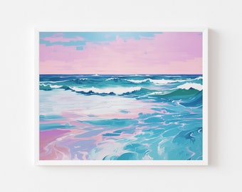 May include: A painting of a seascape with turquoise and blue waves crashing on a pink and purple beach under a pink sky.