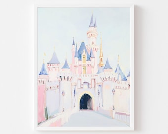 Soft Pastel Magic Castle Painting | Girly Kingdom Wall Art Print |.Bright Girl&#39;s Room Princess Wall Art Print | Pink Blue Nursery Printable