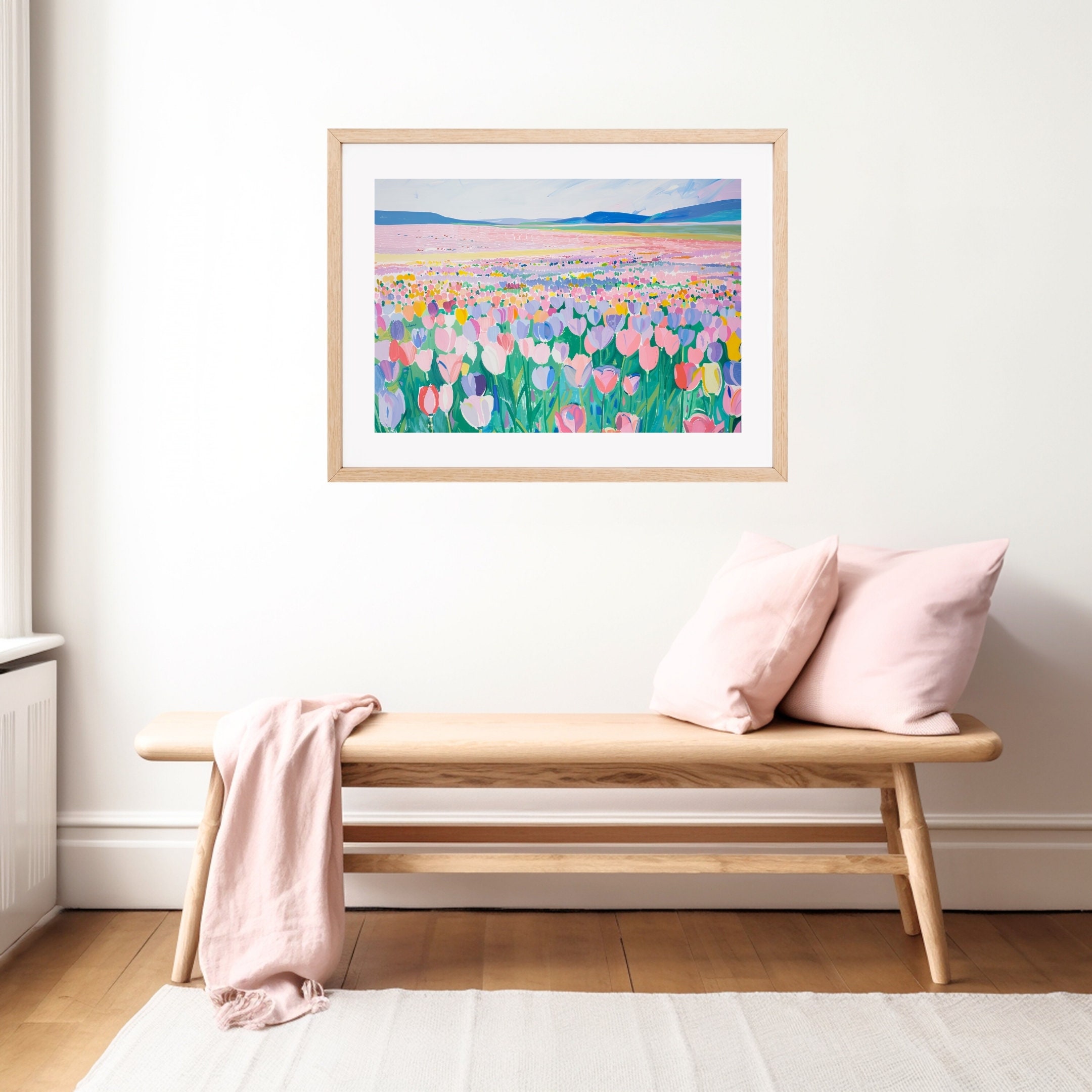 パステル画によるチューリップ畑の絵画：春の風景画（デジタル