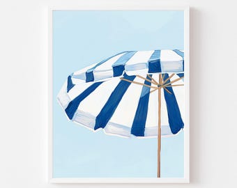 Blue Striped Beach Umbrella Art Print: Coastal Summer Wall Decor (Digital Download)