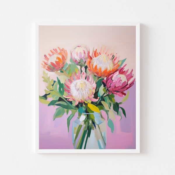 Protea Bouquet Painting | Floral Art Print | Impressionist Flower Printable | Wildflower Digital Download | Colorful Pink Spring Watercolor