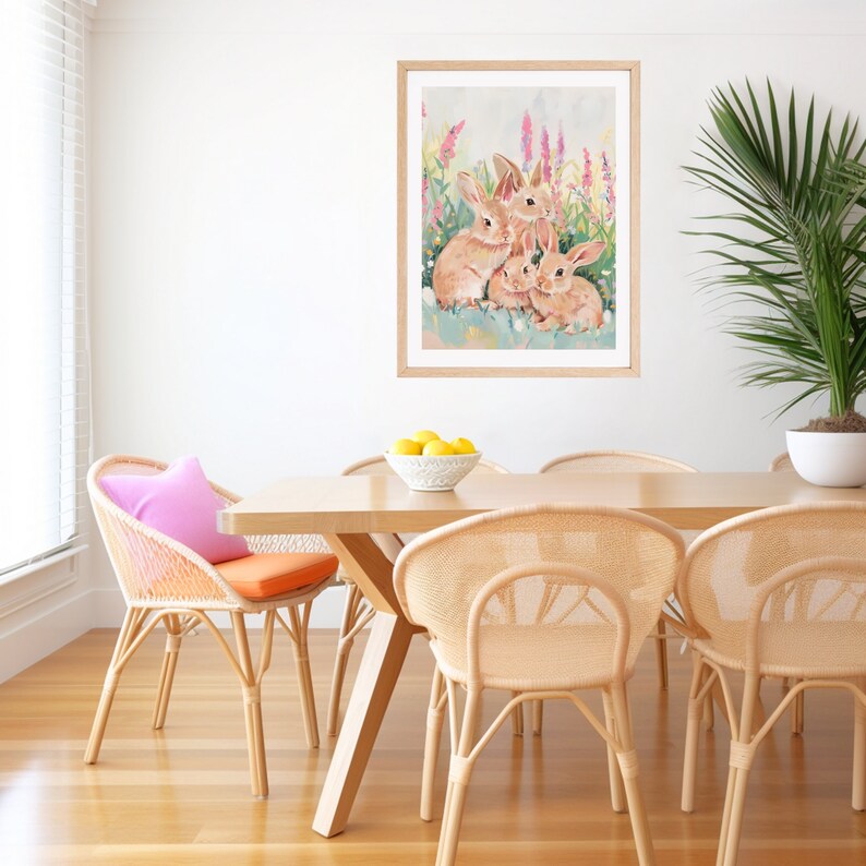 Peut inclure: Une peinture &agrave; l'aquarelle encadr&eacute;e repr&eacute;sentant une famille de trois lapins bruns assis dans un champ de fleurs roses. La peinture est accroch&eacute;e &agrave; un mur blanc au-dessus d'une table en bois avec quatre chaises en osier.