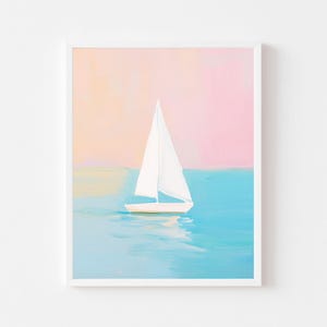 Pink and Blue Sailboat Painting | Pastel Coastal Boat Wall Art Print | Nautical Beach House Digital Download | Girl&#39;s Room Summer Printable