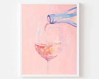 Op de afbeelding: Een schilderij van een glas rosé wijn dat uit een fles wordt gegoten. De achtergrond is lichtroze.