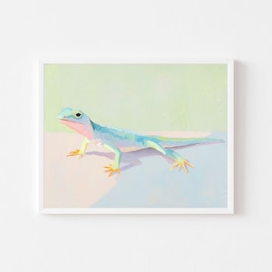 Pastel Lizard Painting | Colorful Reptile Wall Art Print | Boy&#39;s Room Animal Printable | Green Gecko Watercolor Playroom Digital Download