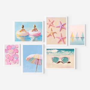 Stampe artistiche di case sulla spiaggia color pastello: Galleria murale costiera per ragazze adolescenti (download digitale)