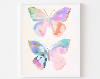 Two Pastel Butterflies Painting | Colorful Abstract Insect Wall Art Print | Animal Watercolor Printable | Tween Girl&#39;s Room Digital Download