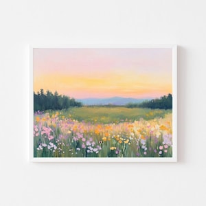 Puede incluir: Una pintura de un campo de flores silvestres en flor al atardecer. El cielo es de un rosa y naranja suave, y las flores son una mezcla de morado, amarillo y blanco.