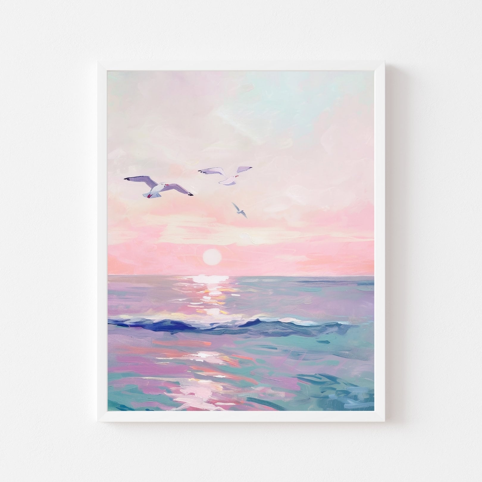 海岸のカモメの絵画：ピンクの夕日のビーチアート（デジタル