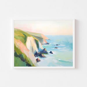 Pastel Coastal Cliffs Landscape Painting | Big Sur Seascape Art Print | Colorful Beach House Printable | California Coast Digital Download
