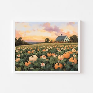 Puede incluir: Una impresión de arte mural enmarcada que representa un campo de calabazas al atardecer. La escena muestra numerosas calabazas naranjas entre enredaderas verdes y flores blancas, con una pequeña casa bajo un cielo de tonos pastel.
