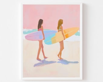 Surfer Girls Painting: Pastel Beach House Art (Digital Download)