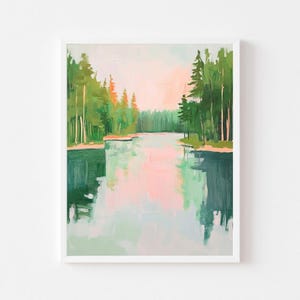 Green Lake and Trees Landscape Painting | Abstract Forest Wall Art Print | Vibrant Neon Nature Digital Download | Boy&#39;s Room Printable