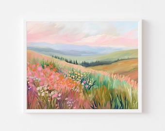 Colorful Autumn Meadow Landscape Painting | Fall Flower Field Wall Art Print | Floral Hill Scenery Printable | Girly Nature Digital Download