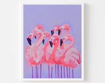 May include: A group of pink flamingos with black heads and beaks stand together against a light purple background.