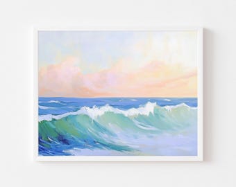 Pastel Ocean Waves Print: Pink Coastal Sunset Seascape (Digital Download)