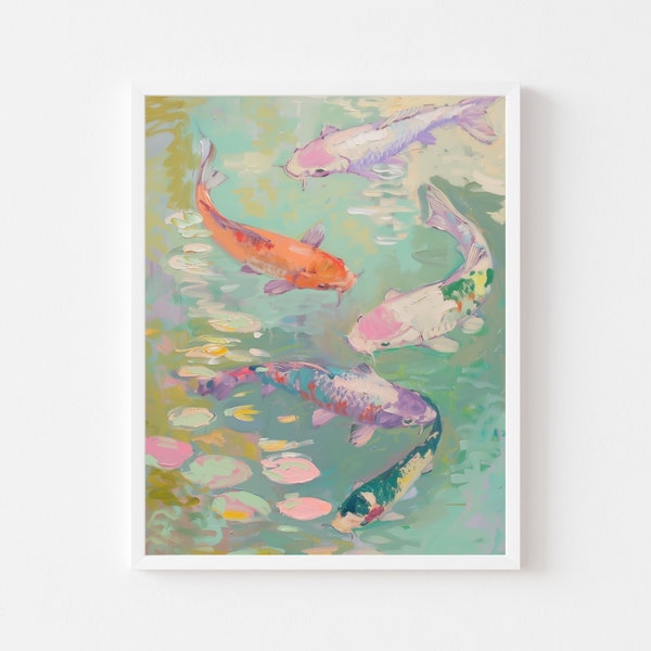 Colorful Koi Fish Painting | Rainbow Animal Wall Art Print | Zen Japanese Pond Printable | Vintage Impressionist Watercolor Digital Download