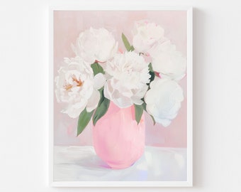Lámina artística de peonías en jarrón rosa: Pintura floral Grandmillennial (Descarga digital)
