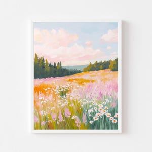 Puede incluir: Una pintura de un campo de flores silvestres con un bosque en el fondo. El cielo es de un azul claro con nubes rosadas. Las flores son de varios colores, incluyendo rosa, blanco y amarillo.