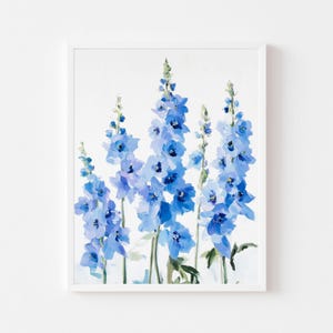 Art mural floral bleu | Peinture Delphinium pastel | Affiche dynamique en téléchargement numérique de pied d'alouette | Fleurs digitales pour chambre de fille à imprimer