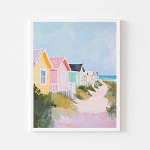 Rainbow Beach Houses Painting | Colorful Coastal Bungalows Wall Art Print | Shore Cottages Digital Download | Girly Pastel Summer Printable