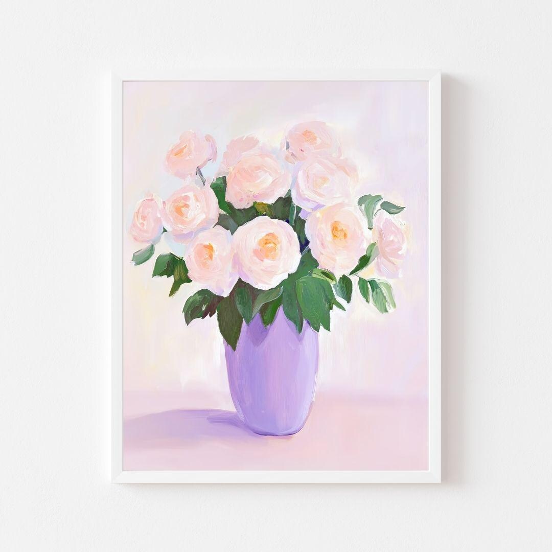 Pink Roses in Lavender Vase Art Print: Classic Floral Still Life ...