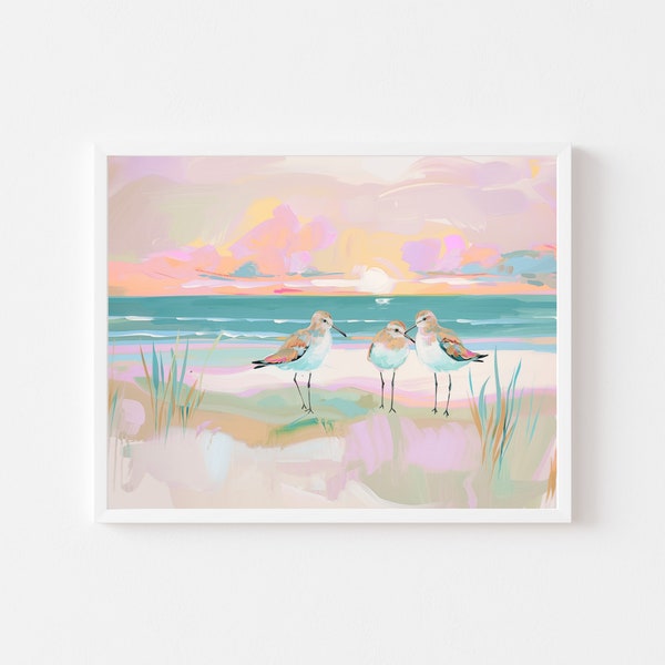 Colorful Sandpiper Painting | Coastal Shore Bird Wall Art Print | Beach House Summer Shore Printable | Pastel Sunset Ocean Digital Download