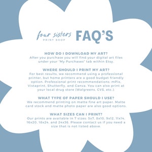 May include: A blue and white graphic with the text "four sisters PRINT SHOP FAQ'S" and information about downloading and printing digital art. The text includes information about recommended paper types and sizes for printing.