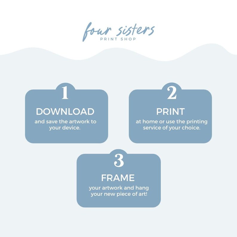 May include: Three steps to download, print, and frame artwork. Step 1: Download and save the artwork to your device. Step 2: Print at home or use a printing service. Step 3: Frame your artwork and hang your new piece of art!