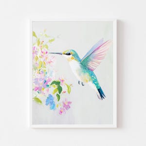 May include: A watercolor painting of a hummingbird with green and blue feathers, hovering near a cluster of pink and purple flowers. The background is a light blue.