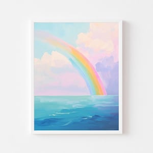 Pastell Ozean Regenbogen Gemälde | Bunte Küste Printable | Skurriles Strand Haus Wand Kunst | Lebendiges Kinderzimmer Digitaler Download