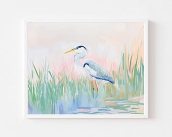 Pastel Blue Heron Painting: Coastal Marsh Art Print (Digital Download)