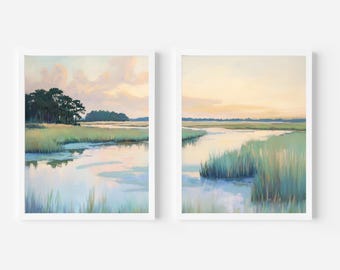 Pastel Coastal Marsh Prints: Southern Landscape Wall Art Pair (Digital Download)