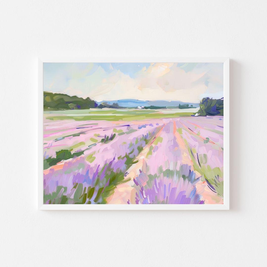 プロヴァンスのラベンダー畑　水彩画　ホワイト額入り ラベンダー畑の水彩画 - Etsy 日本