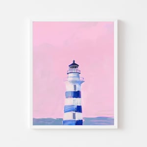 Tableau Phare à rayures bleues et ciel rose | Art mural estival côtier | Maison de plage en téléchargement numérique | Poster imprimable pastel Maine