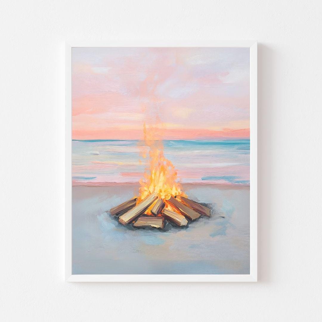 パステルカラーのビーチ焚き火の絵画：海岸の海景アートプリント