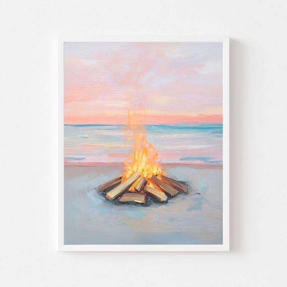 パステルカラーのビーチ焚き火の絵画：海岸の海景アートプリント