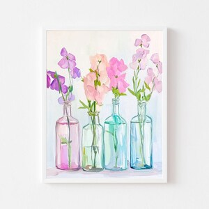 Wicken in Glasflaschen Gemälde | Bunte Blumengläser Wand Kunst | rosa Blumen digitaler Download | Vintage Pastell Poster zum selbst ausdrucken