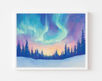 May include: A framed painting depicts the aurora borealis. The sky transitions from purple to teal and green, with a hint of yellow at the horizon. Silhouetted evergreen trees and a snow-covered foreground complete the winter landscape scene.